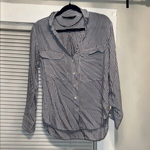 Black and White Button Down Shirt with Notched Collar and 3/4 Sleeves